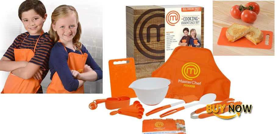 Review MasterChef Junior Cooking Essentials Set - 9 Pc. Kit Includes Real Cookware for Kids, Recipes and Apron